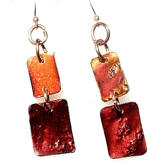Modernist Minimalist Red Orange Pure Copper Earrings Brutalist Rustic Drop Gift - Picture 5 of 5